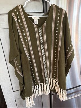 ENTRO Olive Green Striped Fringe Poncho size s/m